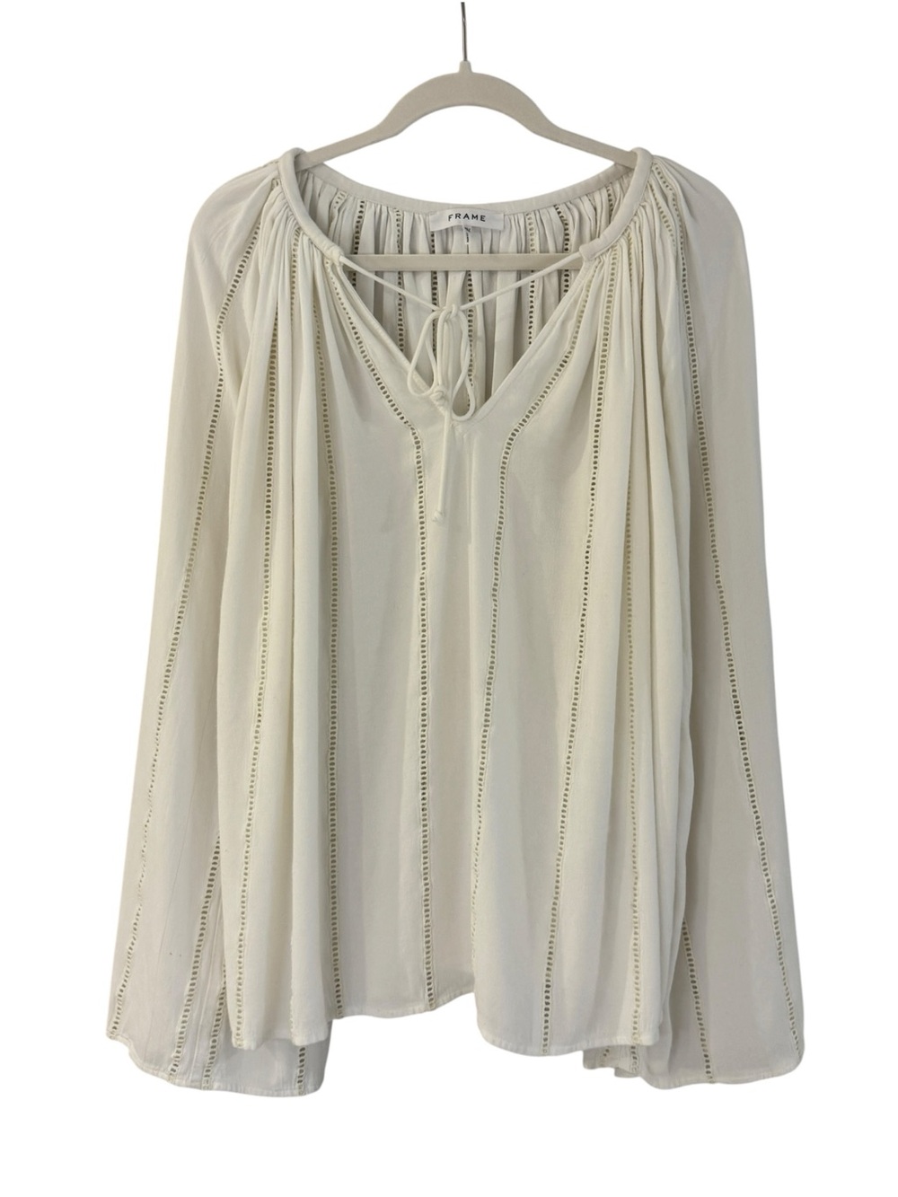 FRAME Denim Lattice Peasant Flowy Top Blouse Shirt Off-White Tie-Neck $348 XL